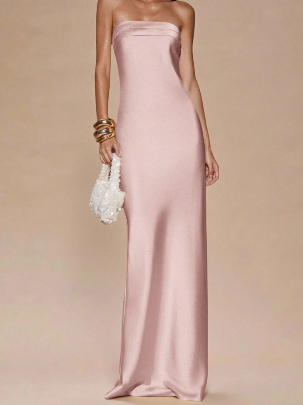 Coral Pink Minimalist Women's Strapless Tie Strap Satin Dress - Picture 3 of 5